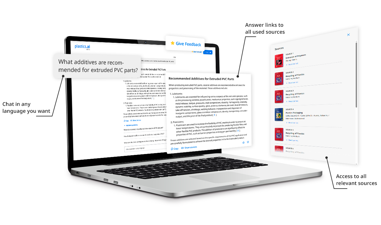 Computer zeigt offenen Chatbot mit den Funktionen Chat, Sources und Feedback